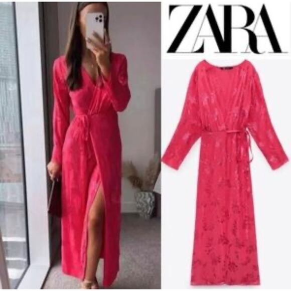ZARA NEW JACQUARD SATIN WRAP DRESS BELTED FUCHSIA PINK - Picture 2 of 6